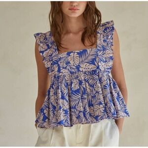 Together Cotton Square Neck Ruffle Sleeve Flare Peplum Top Sz L Boho Tropical